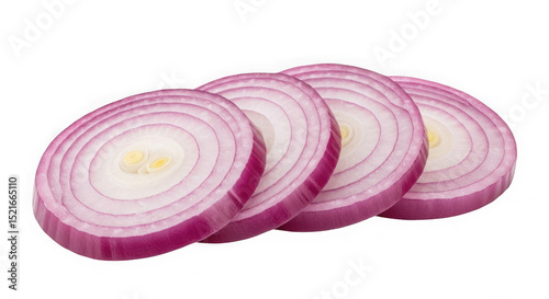 Close up of four sliced red onion rings arranged on a transparent  background view