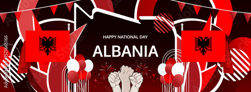 Albania Independence Day modern greeting banner. 28 November Happy National Day. Festive horizontal background with flag colors, great for carnival poster, tourism campaign, holidays flash sale