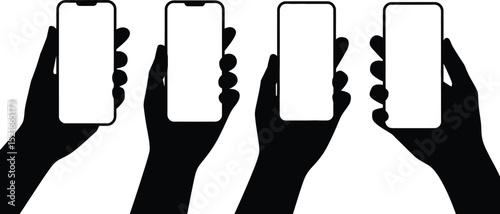 Four black hands holding smartphones with blank white screens against a white background in a row