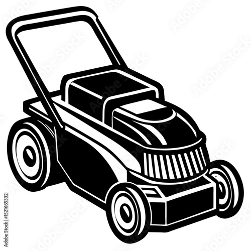 Black and white illustration of a modern lawn mower