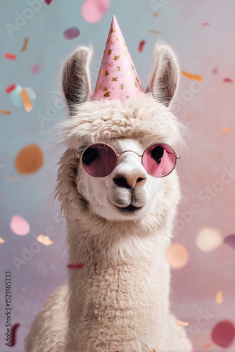 Llama in Pink Sunglasses Wearing a Party Hat With Colorful Confetti in the Ba...