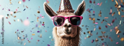 Llama Wearing Party Hat and Sunglasses at Festive Celebration With Colorful C...