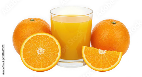 Still life of oranges and a glass of orange juice on a transparent background