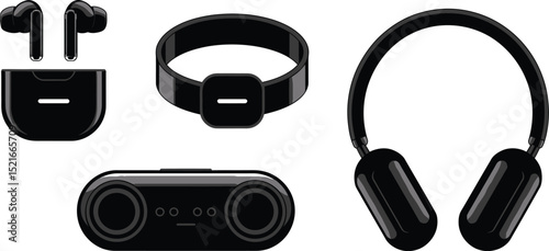 A flat lay of black wireless earbuds in case, fitness tracker, speaker, and over ear headphones