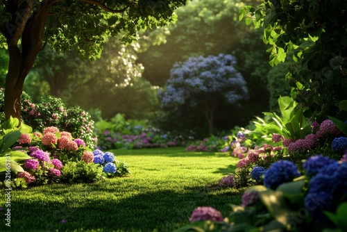 Lush Garden Pathway Lined With Colorful Hydrangeas in Morning Light.