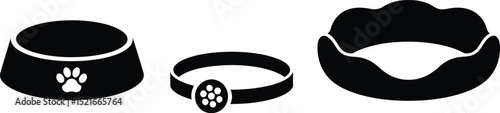 A black and white illustration of pet accessories including a bowl collar and a pet bed on a beige backgroun