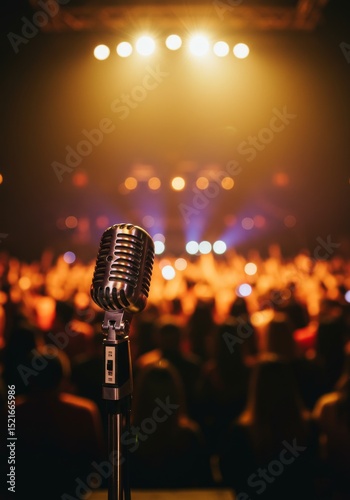 Stage Mic  Concert Performance - A single microphone on stage, ready for a performance. Symbolizing music, entertainment, voice, audience, and spotlight