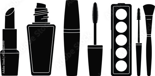 A collection of black silhouette makeup items including lipstick and brushes on a white background