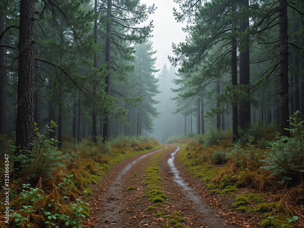 Naklejka premium “Narrow dirt path winding through dense pine trees, forest floor covered in needles and moss, soft diffused lighting from an overcast sky