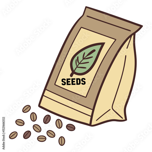 Illustration of a bag of seeds spilling out onto a white background