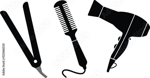 A minimalist silhouette illustration of hair styling tools including a flat iron and hair dryer and brush