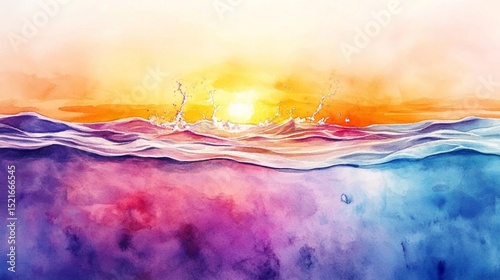 A mesmerizing watercolor depiction of a vibrant sunset over ocean waves, blending warm tones amidst cool shades, evoking tranquility and beauty in nature. photo