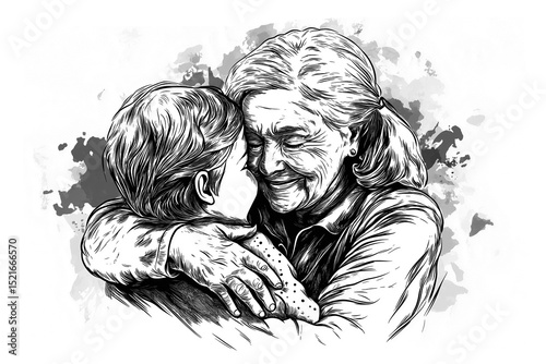Sketch engraving of a joyful grandmother hugging her granddaughter. A warm, emotional family moment, isolated on a transparent or white background.