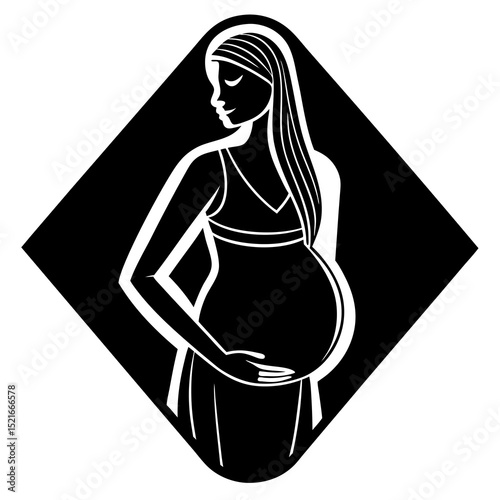 Silhouette of pregnant woman in a diamond shape black and white illustration