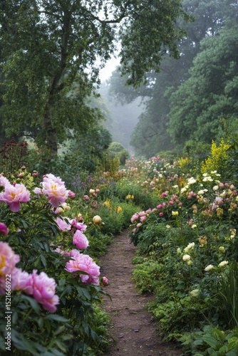 Serene Garden Path Lined With Blooming Roses in Morning Mist.