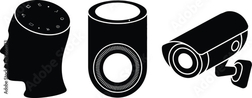 Illustration of a smart speaker in a head shape, another speaker, and a security camera in black