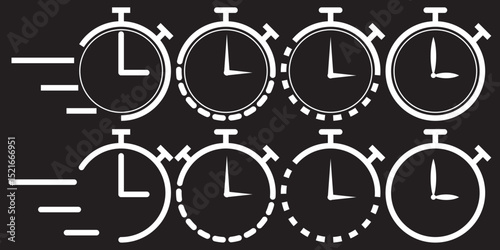 Set of timer clock faces and stopwatch icons. The countdown timer displays hours and minutes. White Stopwatch shows intervals ranging from 5 to 60 minutes on Dark (Black) Background. EPS 10.