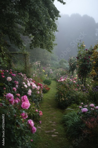Serene Garden Path Lined With Blooming Roses in Morning Mist