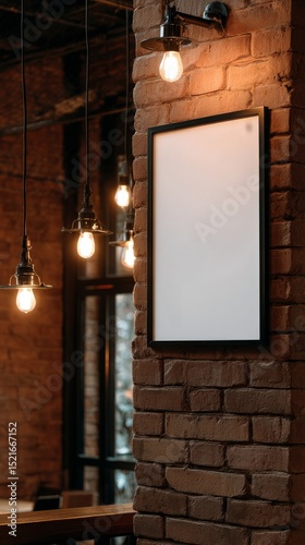 Cozy Cafe Interior With Empty Frame, Wooden Tables, and Warm Lighting in a Br...
