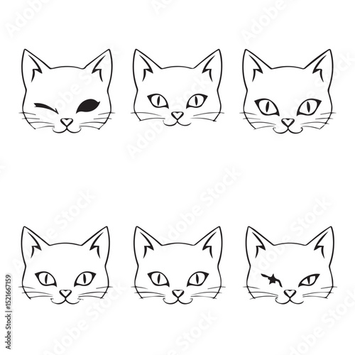 Six adorable cat faces with varying expressions winking smiling and playful
