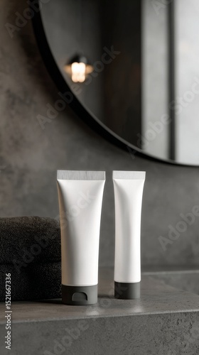 Modern Bathroom Display With Skincare Products and Folded Towels Under a Roun...