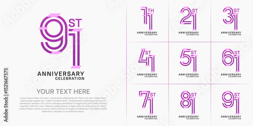 Anniversary set design with double line number. purple color with confetti for celebration event