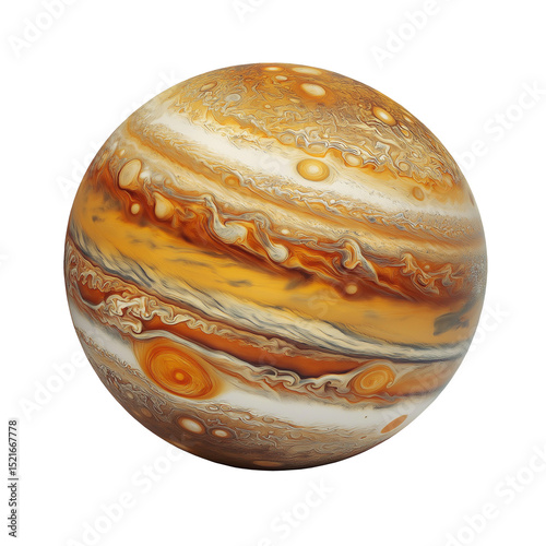 Realistic illustration of Jupiter planet globe with vivid surface detail. Isolated on a transparent or white background, perfect for space and astronomy themes.