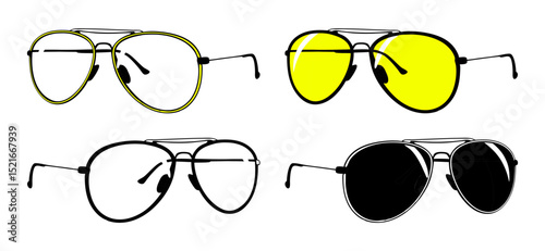 Aviator-style shaped eyeglasses icon set, side view, clear and tinted lenses, colorful and black designs, fashionable eyewear