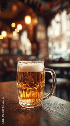 Refreshing Cold Beer Served in a Glass Mug in a Cozy Pub Setting During the E...