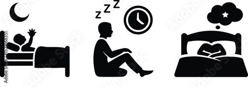 Illustrations depicting bedtime routine, sleep tracking, and insomnia in black and white icons