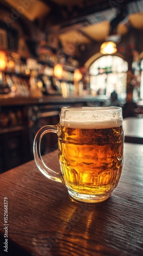 Beer Mug Resting on Wooden Table in Cozy Tavern During Evening Hours.