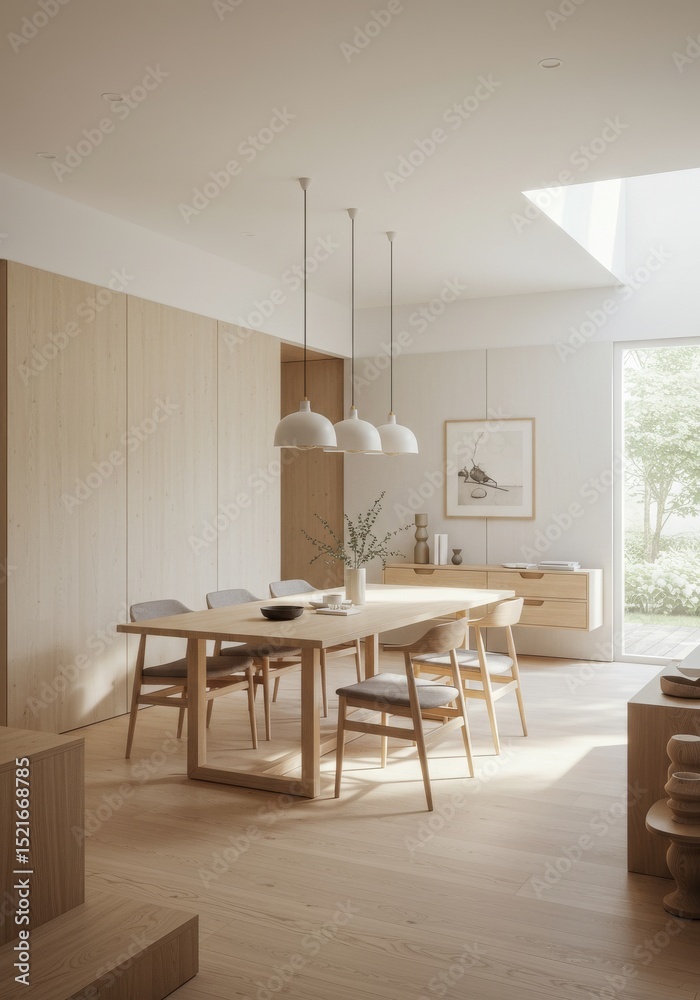 Fototapeta premium Bright Minimalist Dining Room with Light Wood Accents - Modern, serene dining space. Light wood table and chairs, subtle wooden wall accents, minimalist design, natural light. Symbolizes simplicity