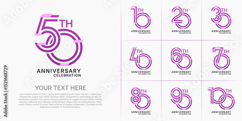 Anniversary set design with double line number. purple color with confetti for celebration event