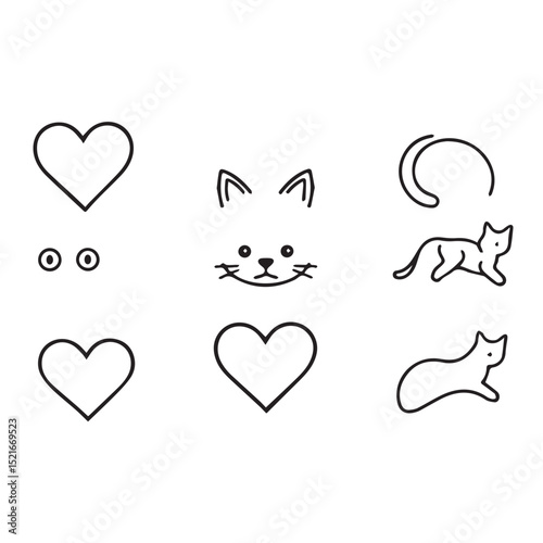 Simple line art icons set of cats hearts and moons for pet lovers