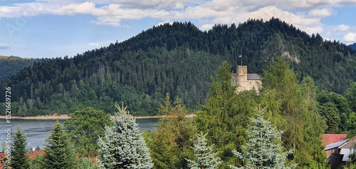 forest and landscape by the river with castle in Niedzica