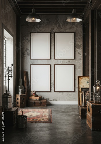 Gallery of Four Vertical Blank Frame Mockups in a Vintage Industrial Loft