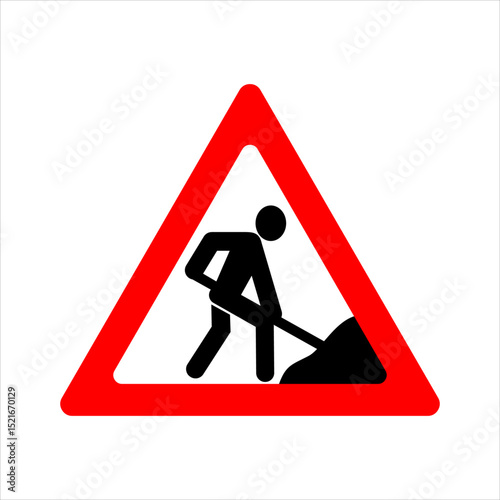 Road Work and Construction Zone Warning Sign in Red Triangle