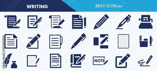 Best Writing Icon Set Collection. Script, drawing, document, stationery, editing, composition, note and vector illustration.