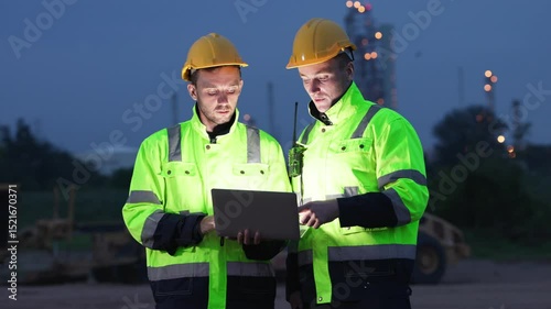 Engineers Reviewing Data at Industrial Site at Night