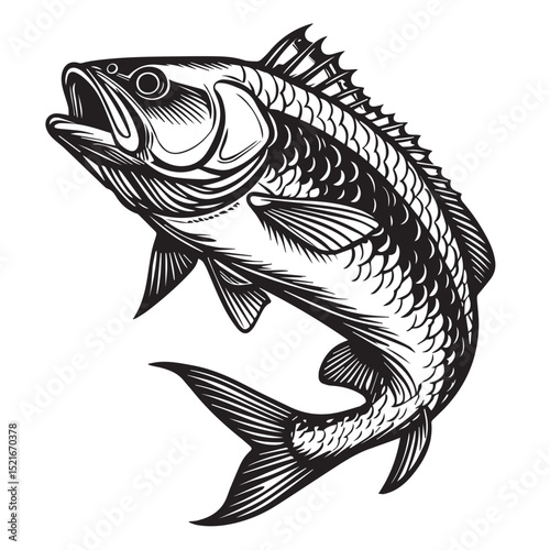 Black and white illustration of a leaping fish with detailed scales and fins