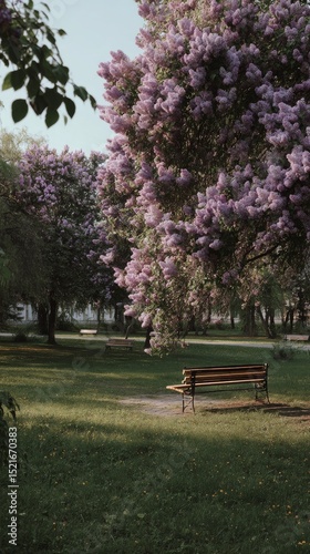 Blooming Lilac Trees Provide a Serene Park Setting With a Bench for Relaxatio...