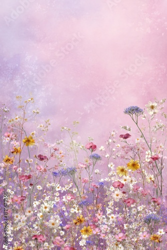 Vibrant Wildflowers Against a Soft Pastel Sky at Dusk in a Serene Natural Set...
