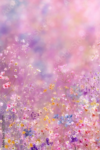Colorful Flower Field With Soft Pastel Sky at Twilight in Springtime.