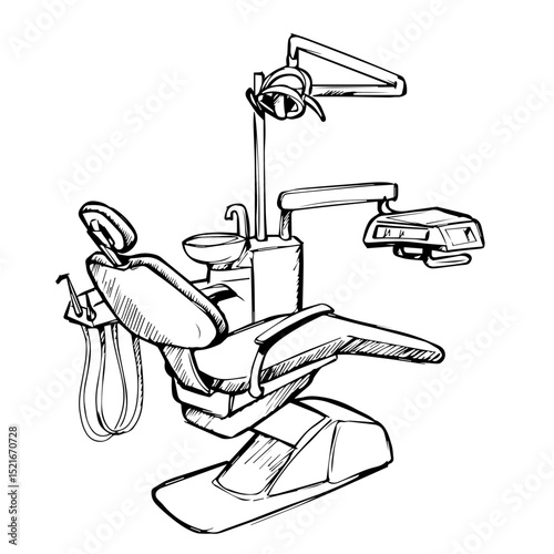 Dental chair sketch showing comfortable patient seat and dentist tools. Modern dental equipment includes adjustable headrest and built-in sink.