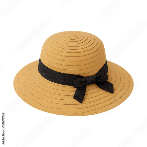 Classic straw beach hat with elegant black ribbon – vector illustration isolated on white background. Ideal for resort lookbooks, summer fashion, vacation outfit mockups, and beachwear accessories.

