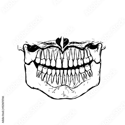 Detailed skull jawbone and teeth illustration. Intricate drawing of human mandible with sharp teeth.  This graphic design is perfect for car accessories or dentistry marketing materials.