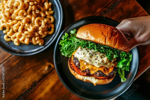 Hand Holding a Tasty Cheeseburger With Fresh Veggies and Macaroni on a Wooden...