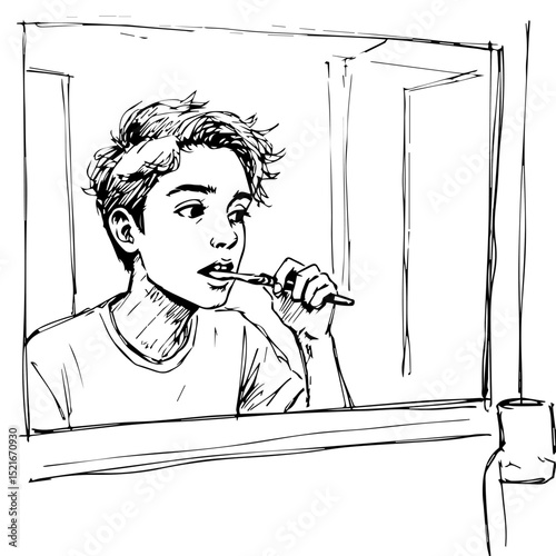 Teenager brushing teeth in bathroom mirror. Young person maintains oral hygiene routine. Daily morning ritual of brushing teeth.