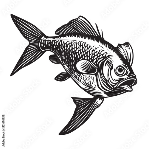 Black and white illustration of a fish with detailed scales and fins