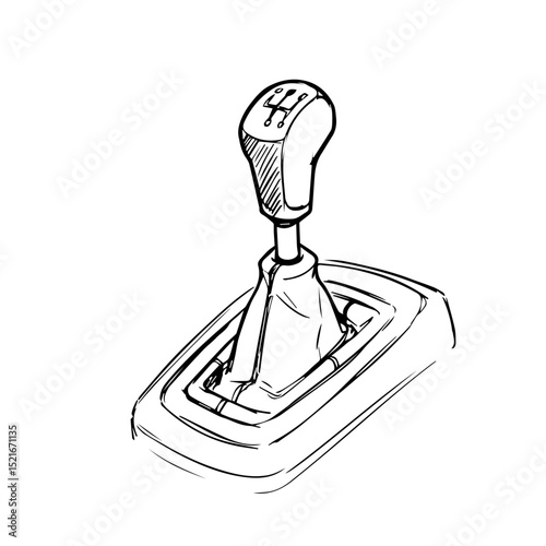 Manual gearshift knob sketch. Detailed drawing of car transmission lever with leather boot.  This hand-drawn illustration is perfect for car parts catalogs, automotive repair manuals,
